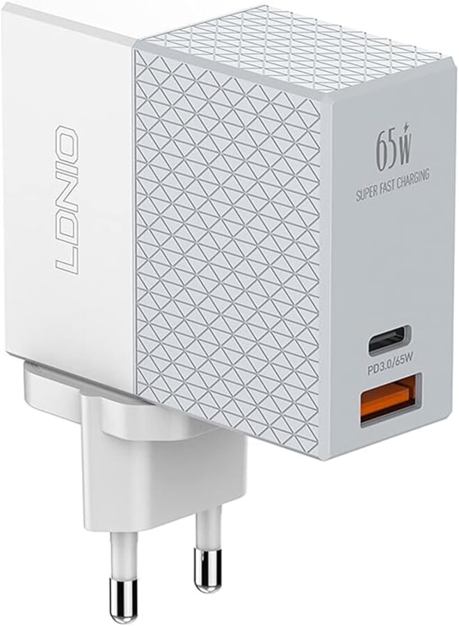 LDNIO A2620C Mini Quick Charger 65W With 2 Ports USB-A+USB-C , Support Laptop With Type-C Cable - White